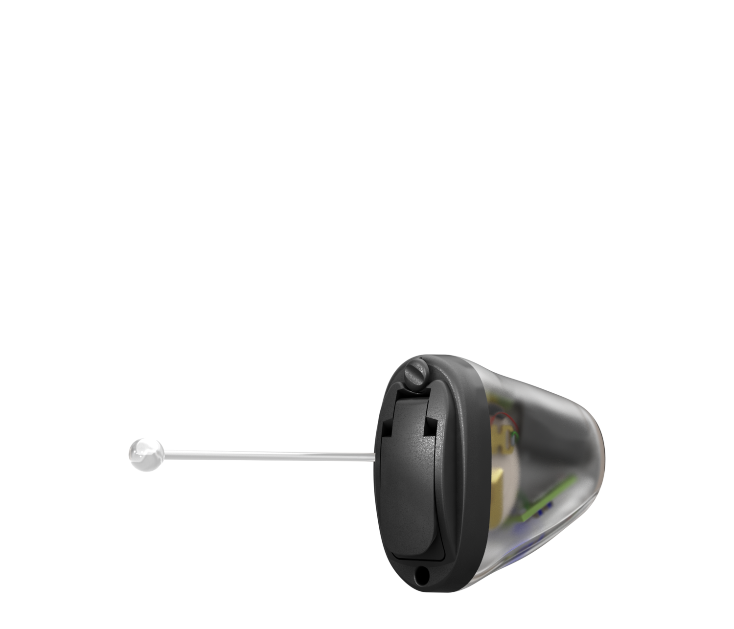 Oticon_Siya_IIC_R_TranspShell_C005BlackFaceplate_Bat10_Angled_500pctSize_TIF